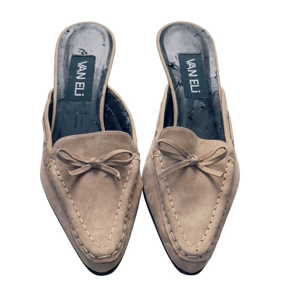 VAN ELI Womens Shoes Beige Suede Leather Kitten Heel Mules Moccasin Look Size 7M - Picture 2 of 13